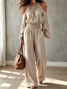 Omancia Women's Solid Color Ruched Cold Shoulder Casual Daily Wear Jumpsuit Fall/Winter - Apricot - View 1