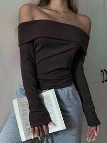 SHEIN EZwear 女款粉色針織露肩修身T恤 - 棕色 - 查看 4