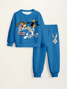 LOONEY TUNES X SHEIN طقم كاجوال للأولاد الصغار يتكون من سويت شيرت بأكمام طويلة وبنطلون رياضي بطبعة كرتونية وحروف - أبيض - مشاهدة 7