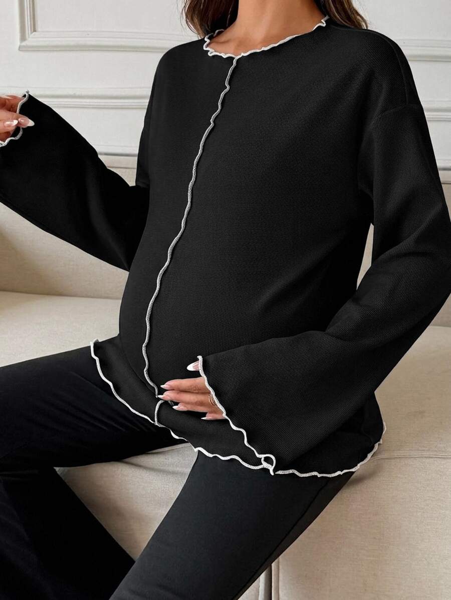 Dazy Maternity Contrast Color Ruffle Wave Hem Loose Long Sleeve Bell Sleeve Casual Vacation Korean Style Spring Autumn Maternity T-Shirt - Black - View 1