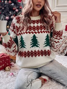 LanaWest Women's Christmas Tree Pattern Crew Neck Long Sleeve Casual Versatile Sweater - Apricot - View 3