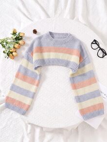 SHEIN 青少年女孩棕色條紋圖案落肩超短版Y2K復古搖滾毛衣，適合日常穿著、休閒場合，秋冬季適用 - 彩色 - 查看 6
