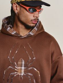 PAVTROS Men's Autumn/Winter Brown Hooded Sweatshirt, Spider Flame Pattern With Plaid Fabric Applique Embroidery, Y2K Christmas & Halloween Gift - Coffee Brown - View 5