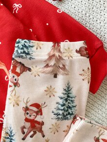 SHEIN Playful Pals 女嬰聖誕兩件套休閒套裝，可愛卡通馴鹿圖案紅色運動衫搭配聖誕樹印花長褲，節日休閒套裝 - 紅色 - 查看 5