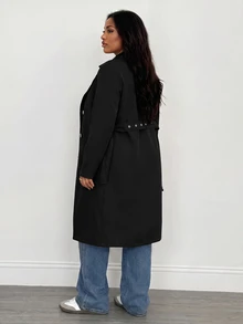 SHEIN PETITE CURVE 大尺碼女款純色雙排扣長袖百搭風衣外套 秋季 - 黑色 - 查看 7