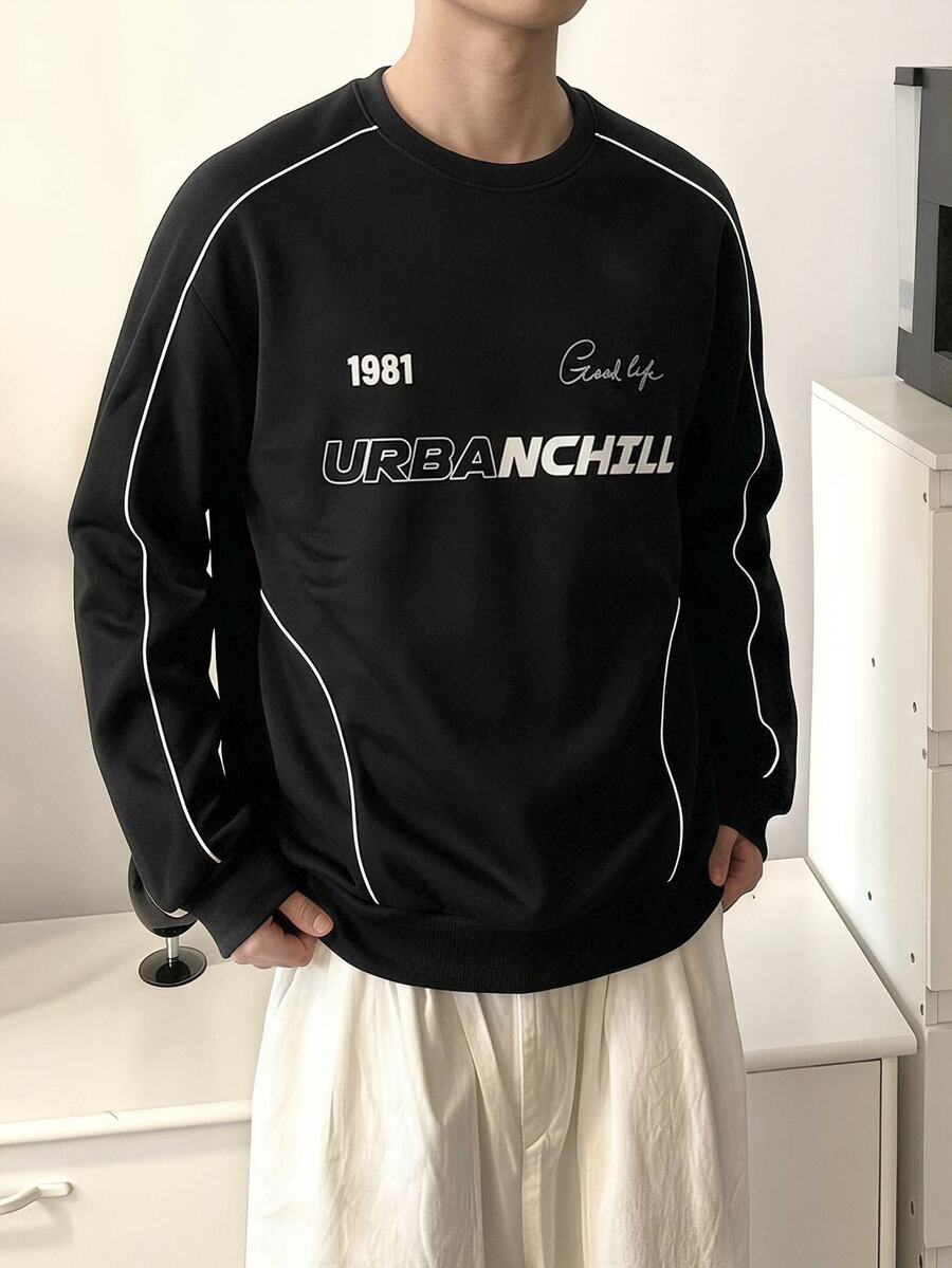 NORVETH Men's Spring/Autumn Casual Standard Size Black Pullover Sweatshirt With Turn Collar And Embroidery - Black - View 1