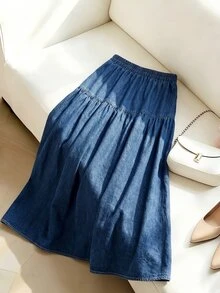 Rivivi Women's Street Style Elastic Waist Washed Wrinkled Long Denim Skirt - Medium Wash - View 2