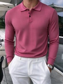 Claim Dot Men's Solid Color Casual Daily Long Sleeve Polo Shirt - Hot Pink - View 3