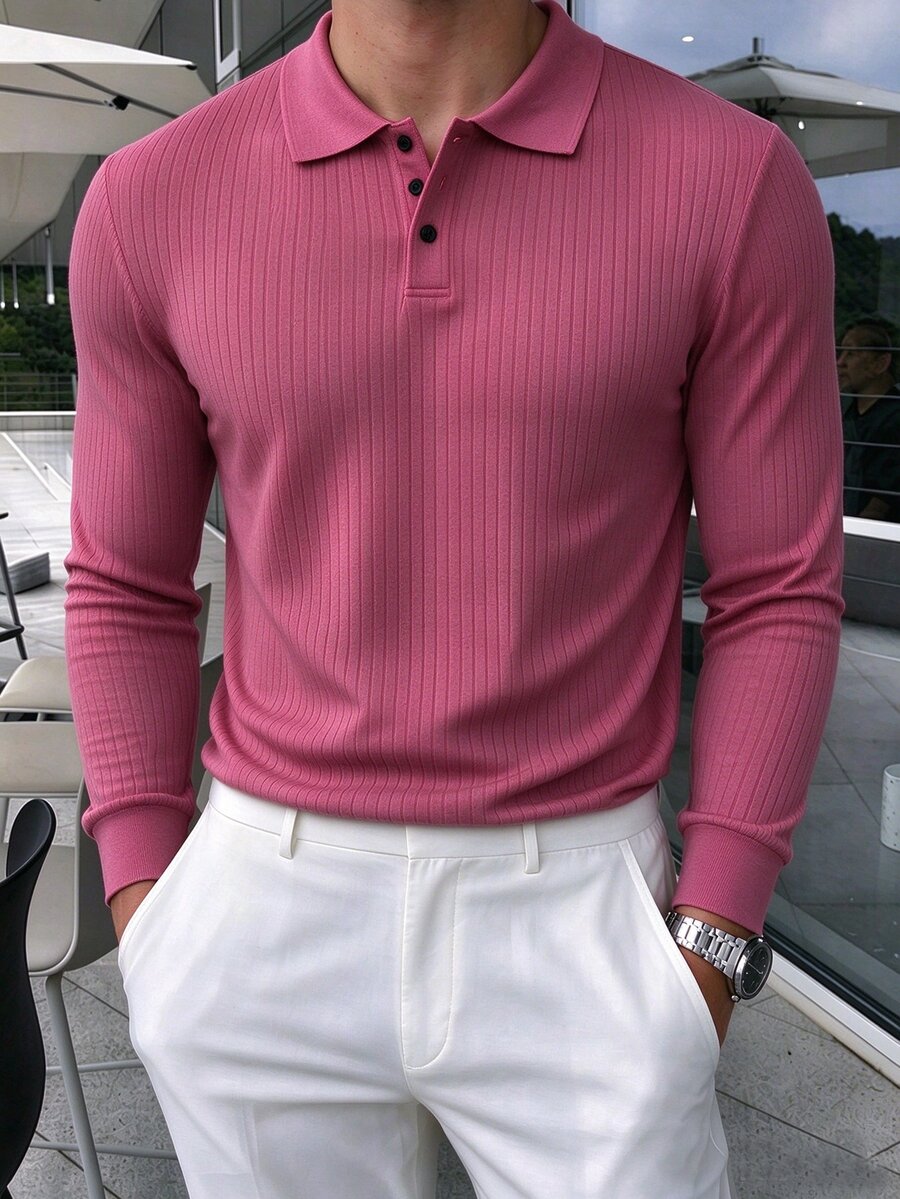 Claim Dot Men's Solid Color Casual Daily Long Sleeve Polo Shirt - Hot Pink - View 1