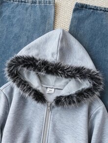 Tween女孩休閒運動灰色小馬刺繡裝飾連帽開襟衛衣，秋冬款 - 灰色 - 查看 7