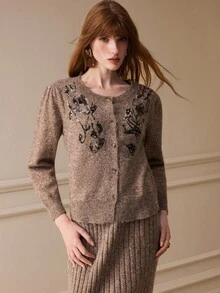 Arave Women Cardigan Skirt Set Slim Straight Knitted Floral Sequin Embroidery Button Front Ribbed Elegant Brown Floral Women's Set Fall Clothes For Women - Khaki - View 7