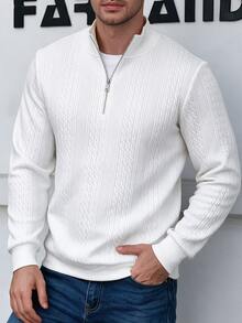 Manfinity Homme تي شيرت رجالي كاجوال مضلع برقبة عالية للربيع والخريف - أبيض - مشاهدة 1