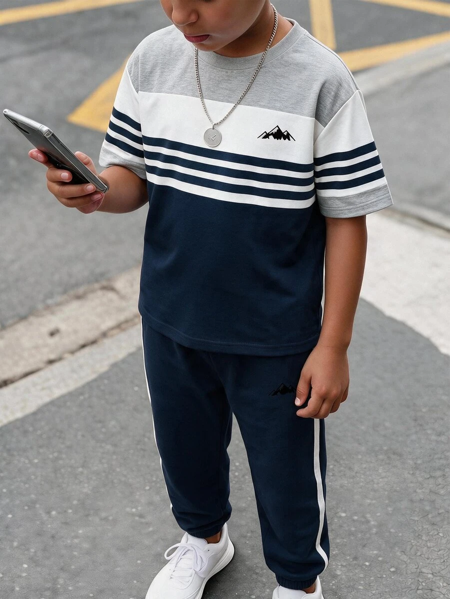 青少年男孩休閒舒適時尚極簡圓領短袖T恤與長褲套裝 - 彩色 - 查看 1