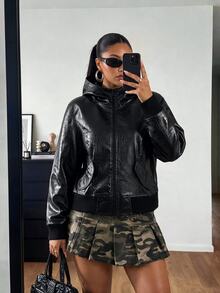 POPSWAY Plus Size Punk Style Premium PU Leather Hooded Long Sleeve Slim Fit Flattering Short Jacket - Black - View 1
