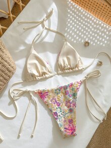 Swim Mod 女款 2 件組彩色亮片與珠飾刺繡比基尼套裝，掛脖綁帶三角上衣搭配側綁下褲，夏季海灘度假女裝 - 米色 - 查看 2