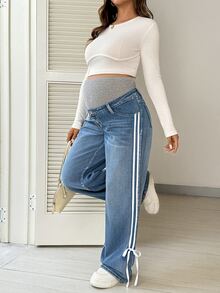 SHEIN Maternity Knitted Belly Support Blue Denim Loose Straight Leg Pants - Blue - View 6