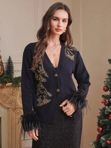 Anewsta Cardigan Rajut Wanita Premium Musim Gugur/Dingin Berhiaskan Payet, Kasual untuk Perjalanan, Leher V, Bagian Depan Terbuka - Navy Blue - View 6