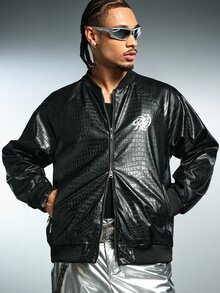 ROMWE MEN Street Life Men's Fashion Baseball Collar Zip-Up Jacket Print Long Sleeve Outerwear - Black - View 1