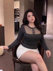 Vibekara New Pure Desire Sexy Black Contrast Lace Bow Decor Long Sleeve Square Neck Hollow Out Hot Girl Inner Layer Top, Versatile T-Shirt Knit Ribbed Pullover - Black - View 6