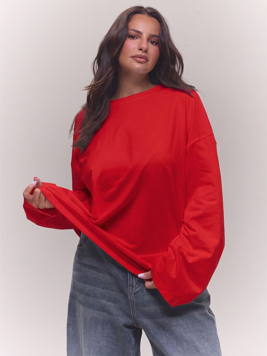 MUSERA ملابس علوية بيضاء بأكمام طويلة مقاس كبير للربيع والصيف كاجوال للاستخدام اليومي والخروج - الأحمر - مشاهدة 1