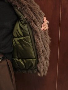 Anewsta Women's Plush Patchwork Casual Versatile Winter Padded Coat - Army Green - View 8
