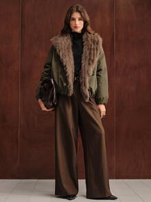 Anewsta Women's Plush Patchwork Casual Versatile Winter Padded Coat - Army Green - View 2