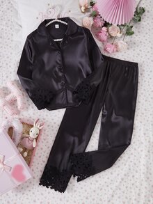 女款高級舒適純色長袖睡衣上衣與長褲兩件套家居服 - 黑色 - 查看 6