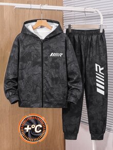 SHEIN 青少年男孩黑色樹枝圖案連帽衛衣與黑色字母印花寬鬆休閒運動長褲2件套，時尚街頭風，適合休閒戶外運動與校園穿搭 - 彩色 - 查看 7