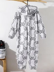 SHEIN Little Byeori 法蘭絨連身褲童裝大童男童休閒居家遊戲機圖案保暖內裡加厚連身褲，適合秋冬、學校、家庭聚會、度假、派對，秋季穿搭、冬季穿搭，男童童裝 - 彩色 - 查看 4