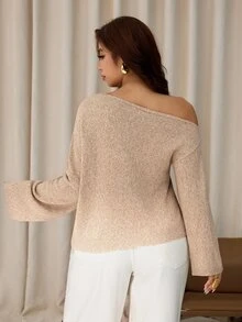 Auralis Plus Size Women Solid Color Asymmetrical Shoulder Drop Shoulder Long Sleeve Fashion Pullover Sweater/One-Shoulder Sweater / Stylish And Comfortable - Khaki - View 3