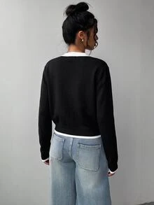 SHEIN BASICS Women's Korean Style Contrast Color Button Knit Thin Cardigan - Black - View 2