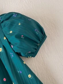 Souflis Souflis 女童聖誕花卉洋裝，泡泡袖 V 背大蝴蝶結 A 字裙，秋冬百搭休閒套裝洋裝 - 綠色 - 查看 5