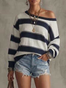SHEIN Women's New Autumn/Winter Fashion Cold Shoulder Contrast Color Striped Knit Sweater - Blue - View 1