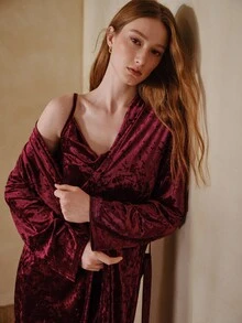 MOTF PREMIUM WOMEN'S SOLID COLOR WAIST TIE CASUAL DAILY HOME SLEEPWEAR - Burgundy - View 2