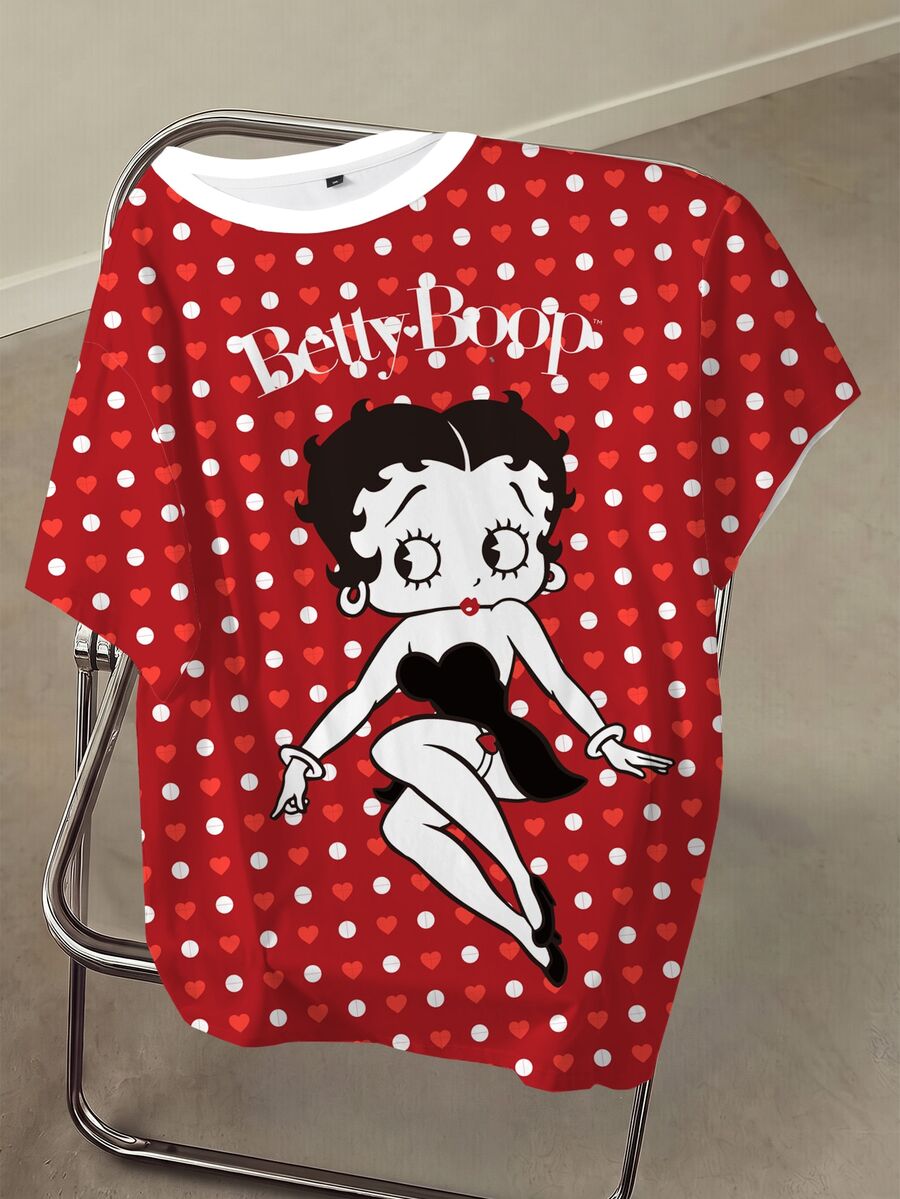 Betty Boop x SHEIN Plus Size Women's Cartoon Print Casual Short Sleeve T-Shirt For Daily Wear - White - View 1