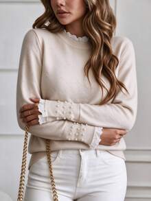 SHEIN LUNE CURVE Beige Lace Patchwork Knit Sweater . Pearl Cuffs . Ruffle Collar . Slimming Versatile Plus Size Pullover - Apricot - View 4