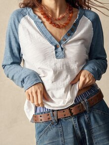 Bohemela 休閒針織拼色半開鈕扣前襟女款T恤 - 藍色 - 查看 4