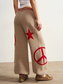 Bohemela Women's Striped Drawstring Waist Five-Point Star Pattern Wide Leg Loose Casual Tapered Knit Long Pants - Khaki - View 5
