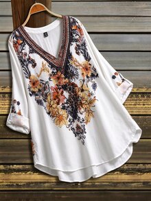 SHEIN LUNE 大尺碼女款刺繡缺口V領捲袖休閒襯衫 秋季 - 彩色 - 查看 1