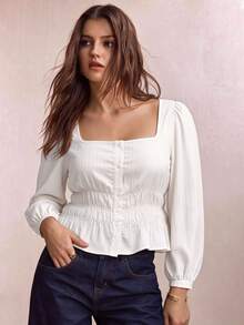 Elegantrix Women's Plus Size Spring/Autumn Single Piece Square Neck Petal Sleeve Front Button Waist Gathered Shirred Blouse, Slim Fit Short French Style Casual Commute Shirt - Apricot - View 4