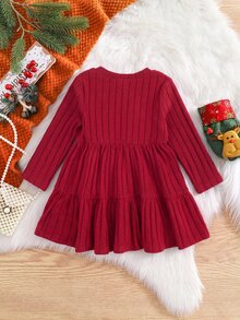 SHEIN 女嬰純色百褶休閒日常夏季洋裝 - 紅色 - 查看 3