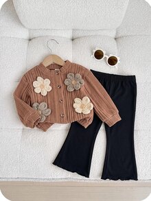 SHEIN Baby Girl 3D Floral Decor Long Sleeve Single-Breasted Jacket And Flare Pants Casual Set - Brown - View 6