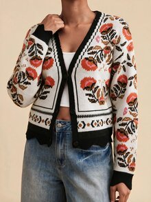 Travachic Women's Autumn/Winter Floral Pattern Long Sleeve Single-Breasted Casual Knit Cardigan - Multicolor - View 6