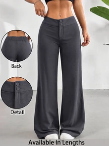 SHEIN Tall CURVE 大尺碼女款純色腰部鈕扣設計寬腿長褲 - 深灰色 - 查看 8