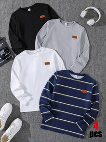 SHEIN Kids 4pcs Tween Boy Casual Solid Color & Striped Long Sleeve T-Shirts Chic For Autumn/Winter Fall - Multicolor - View 1