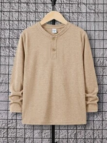 SHEIN 大童男孩純色半門襟 Polo 長袖 T 恤 - 卡其色 - 查看 1
