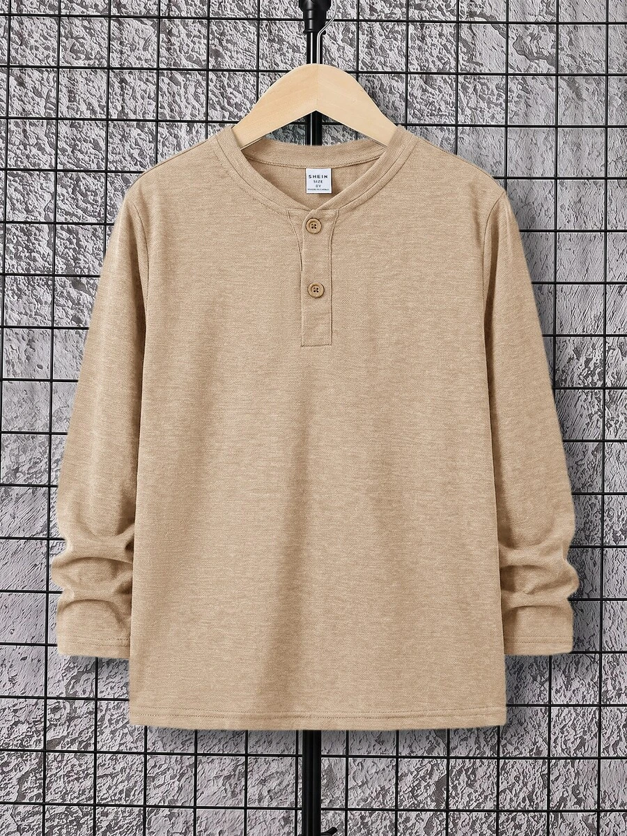 SHEIN 大童男孩純色半門襟 Polo 長袖 T 恤 - 卡其色 - 查看 1