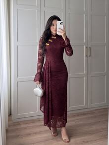 Celisse Women's Lace Patchwork Ruched Elegant Waist-Cinching Party Dress - Burgundy - View 3