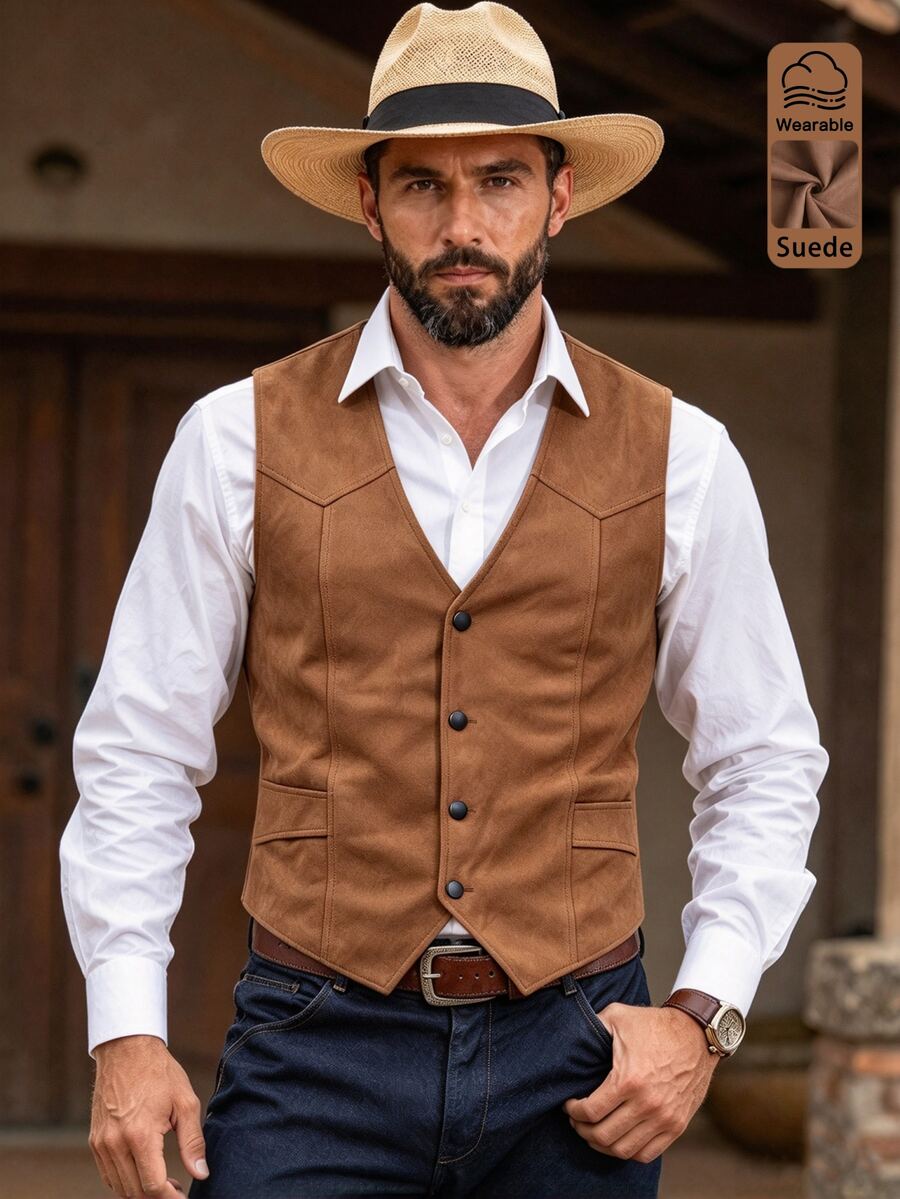 Manfinity Mode Áo vest da lộn phong cách cao bồi miền Tây cho nam, áo gile da retro 5 cúc cho đám cưới, dạ hội và trang phục thường ngày ... - màu nâu - Xem 1