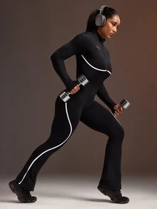 Powerista Women's Half-Zip Long Sleeve Sports Jumpsuit - Black - View 4